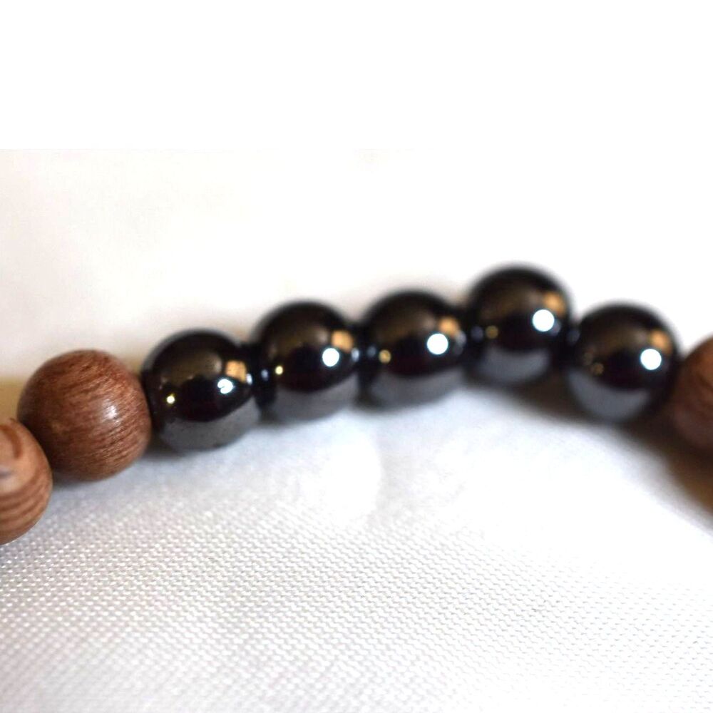 Intriguing Healing Wood Beads/ Agate Center/Black Hematite 6.5" Unisex Bracelet - Picture 3 of 5